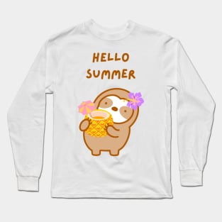 Hello Summer Pineapple Drink Sloth Long Sleeve T-Shirt